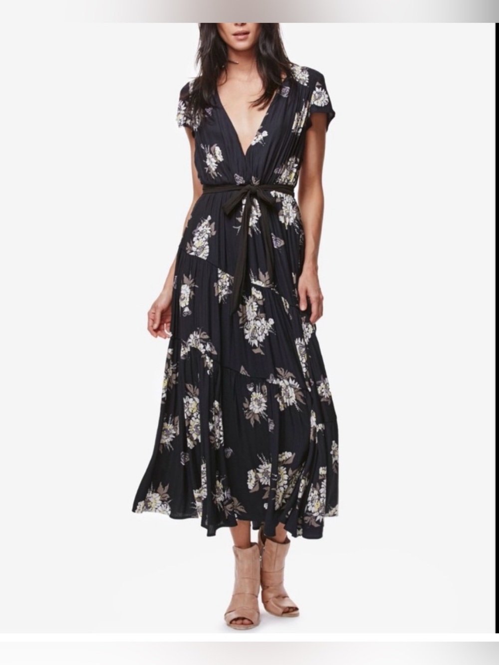 Free People "All I Got" Floral Tiered Boho Maxi Dress, sz 4